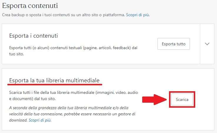 esportare la libreria multimediale da wordpress com