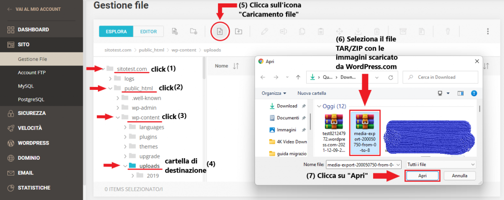 trova la cartella uploads su siteground nel gestore file e carica il file zip con i media