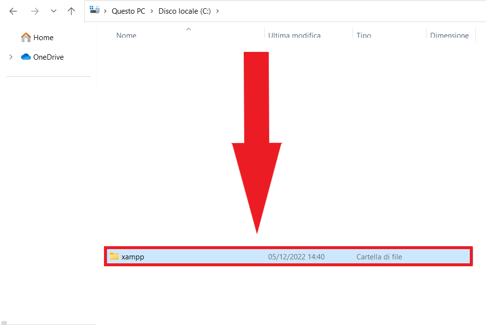 Apri la cartella del programma XAMPP presente sul disco locale