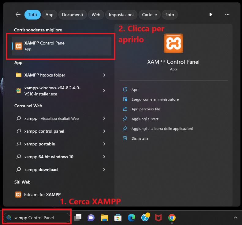 cerca e avvia il programma xampp