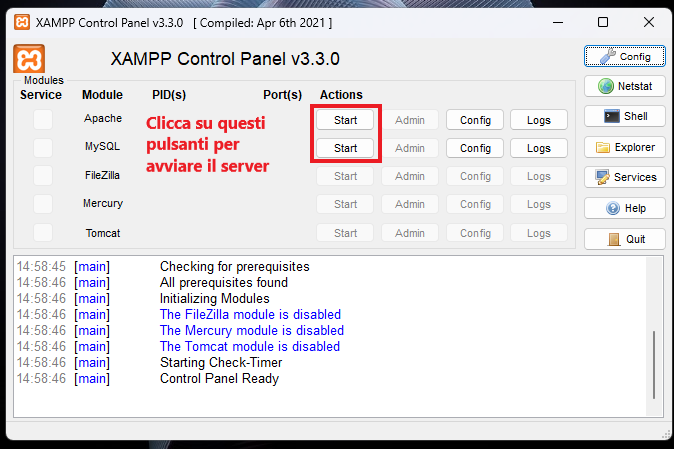 avvia il server locale con xampp cliccando sui pulsanti start per apache a mysql