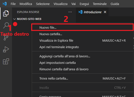 crea un nuovo file nell'area di lavoro su visual studio code