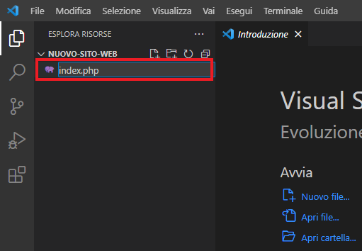 creare file index.php tramite area di lavoro sulla cartella del progetto