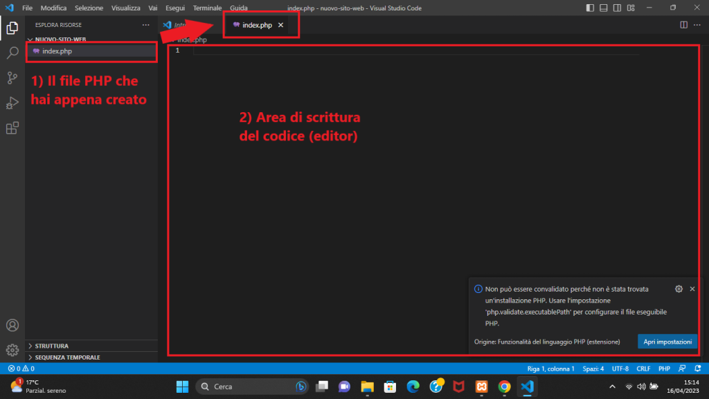 ora è possibile scrivere codice php sul file appena creato