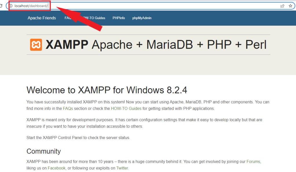 pagina di benvenuto del server locale xampp