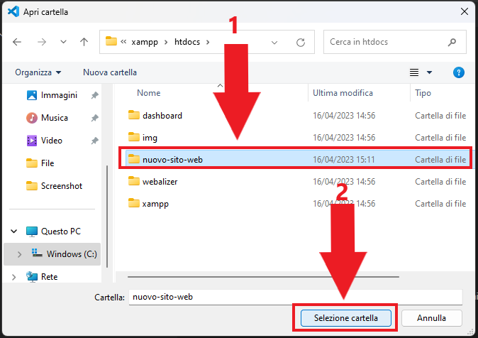 seleziona la cartella del progetto su xampp come area di lavoro su visual studio code