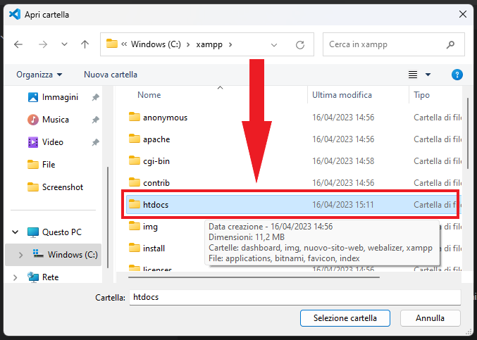 seleziona la cartella htdocs