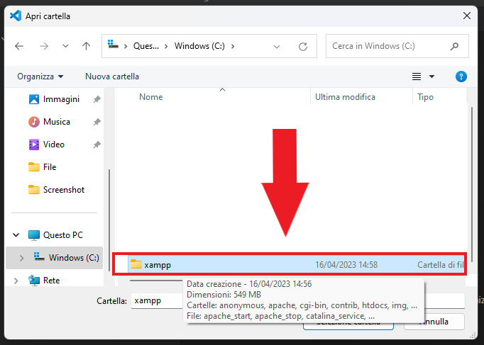 seleziona la cartella xampp