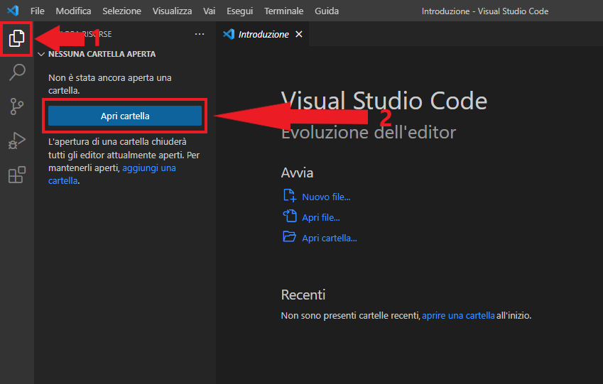 seleziona una cartella su visual studio code come area di lavoro