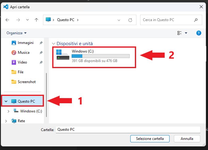 tramite visual studio code, vai sul disco locale del tuo pc