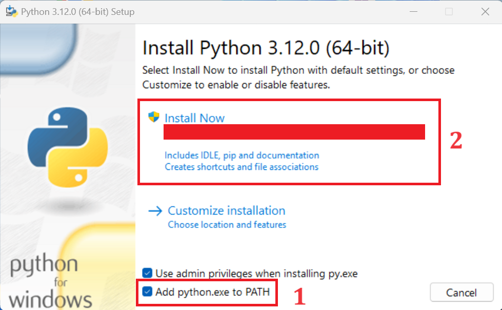 installare python, inizializzazione dell'eseguibile di installazione