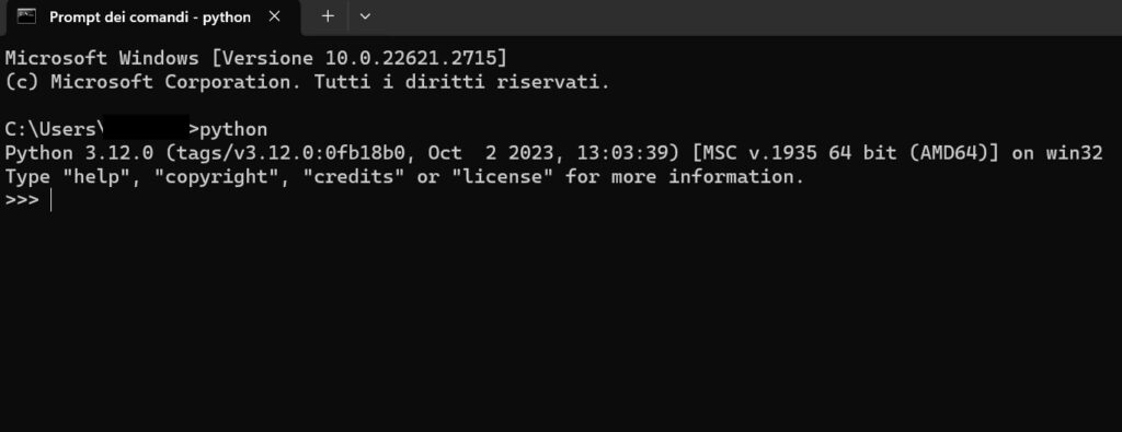 installazione di python verificata con successo tramite terminale a riga di comando