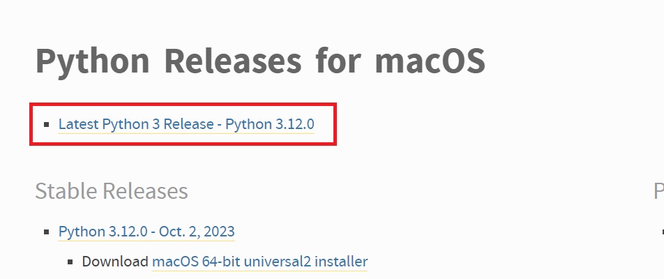 trovare l'eseguibile per l'ultima versione di python per macos