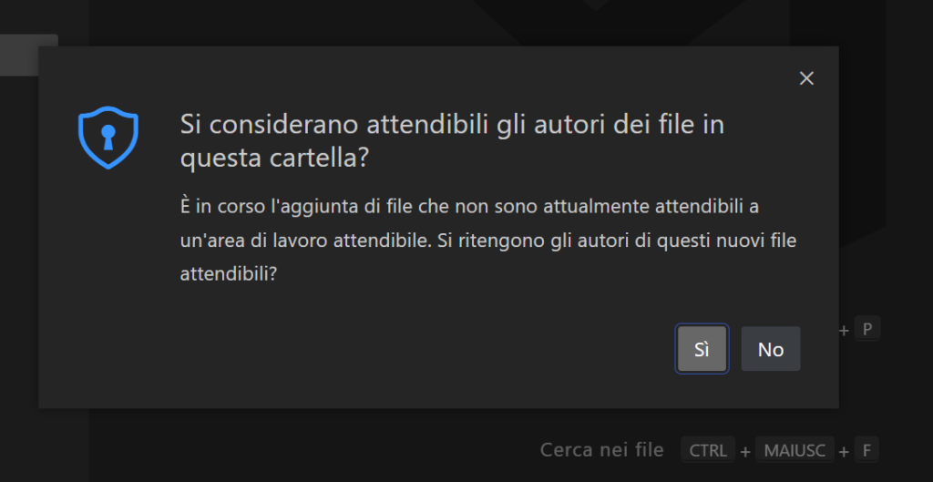 Approvare la cartella dentro l'area di lavoro in visual studio code