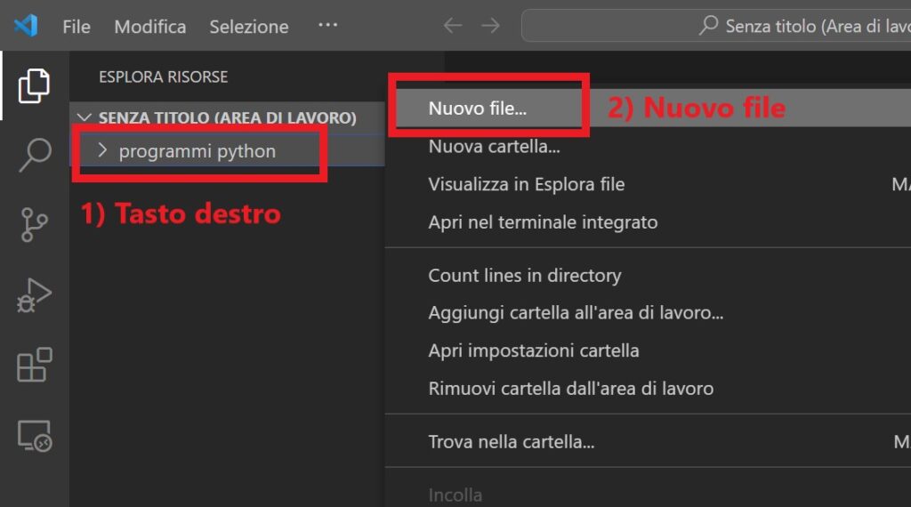 creare un nuovo file in una cartella nell'area di lavoro di visual studio code