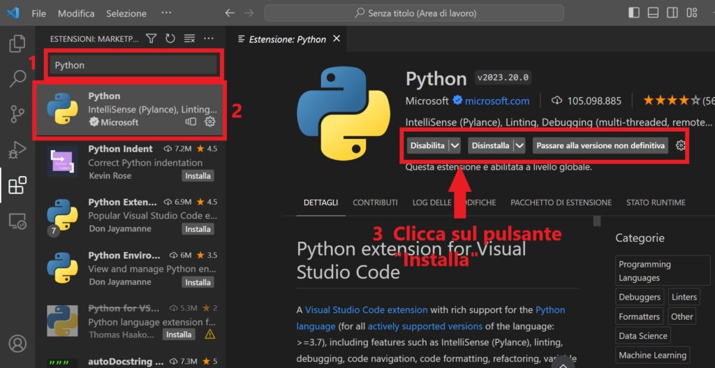 installare l'estensione di python su vs code