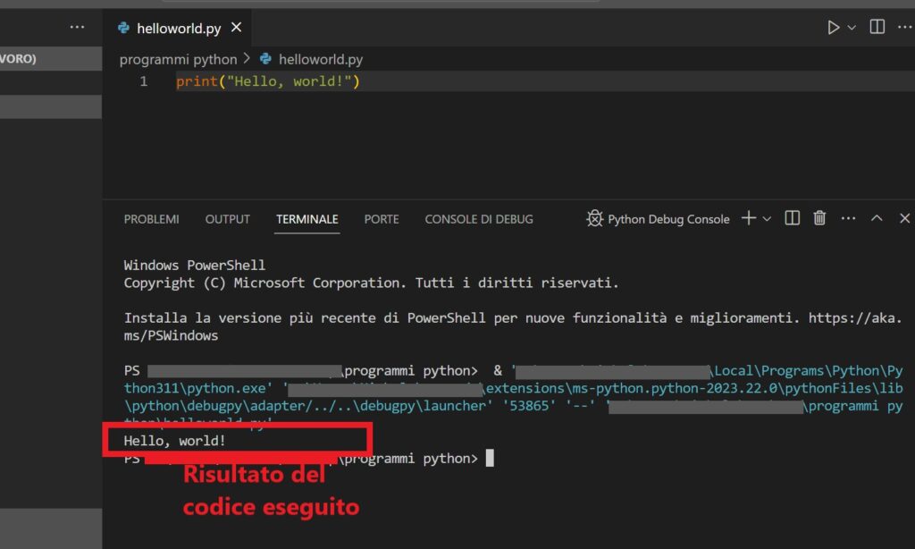 esecuzione del codice python e visualizzazione del risultato nel terminale integrato di visual studio code